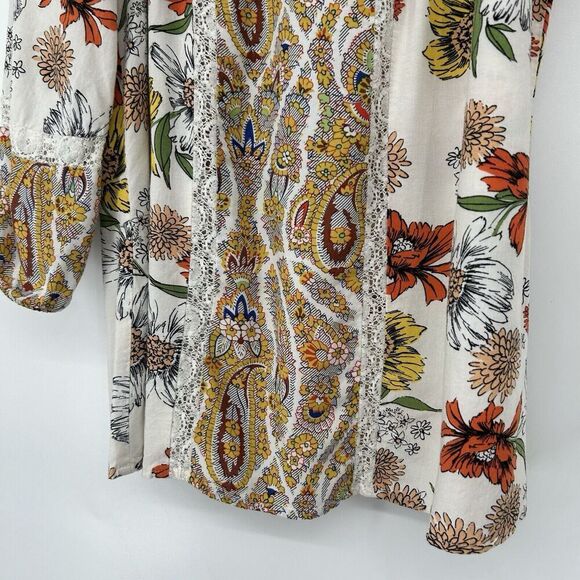 Fig & Flower Boho Peasant Top White Lace Long Slit Balloon Sleeves Yellow Size M - Picture 5 of 10